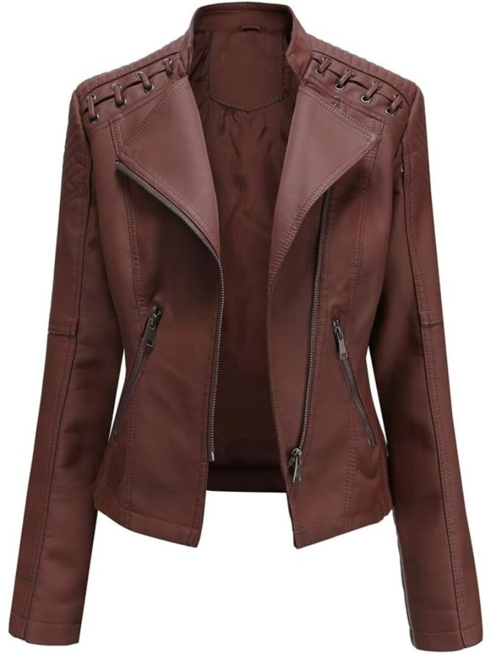 Women's Coffee Faux Leather Jacket Women Bomber Jacket Belted Motorcycle Jackets